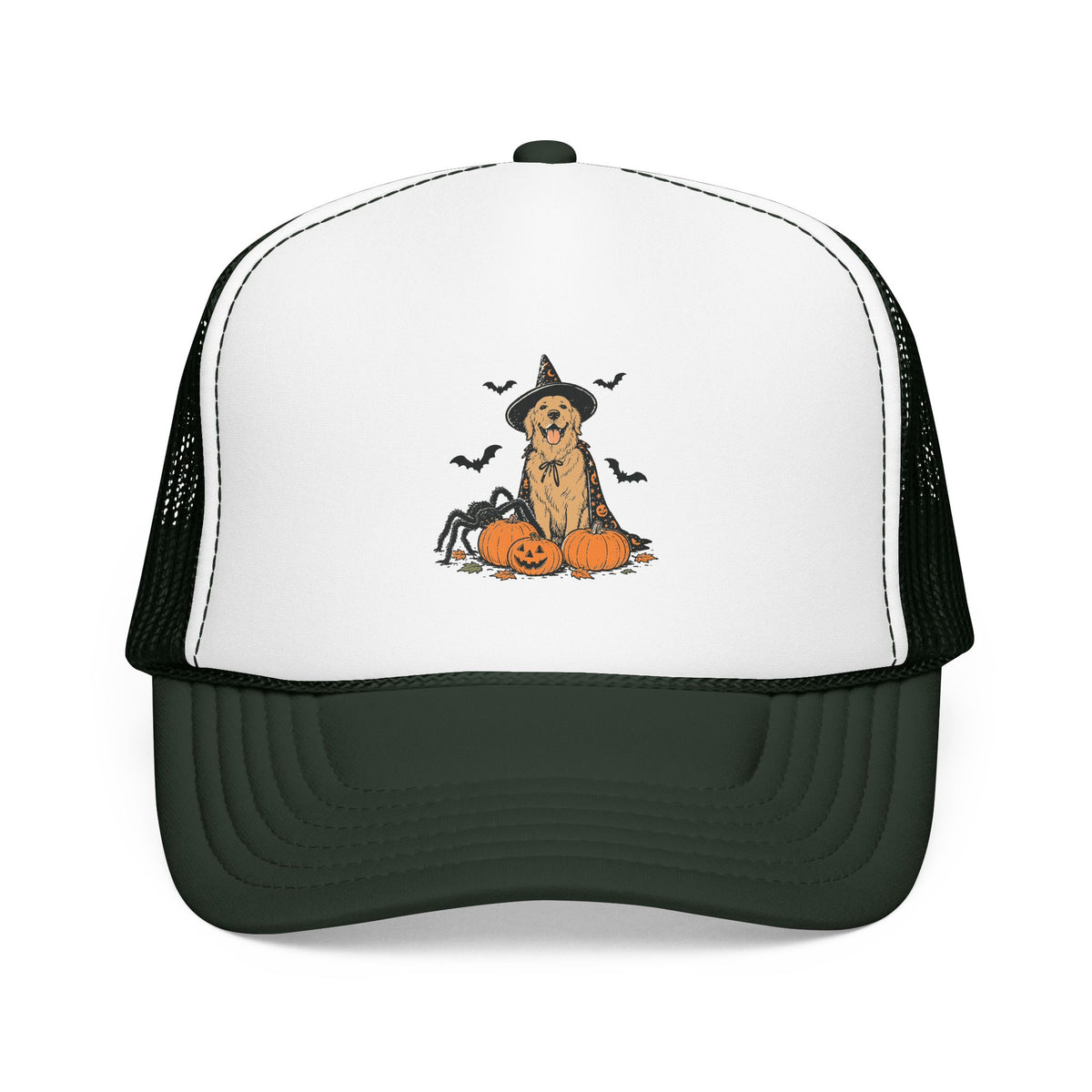 Dog Halloween Trucker Hat — Golden Retriever with Pumpkins & Bats