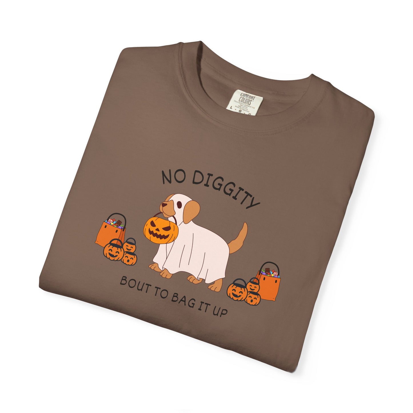 No Diggity Dog T-Shirt — Cute Puppy with Pumpkins "Bout to Bag It Up"