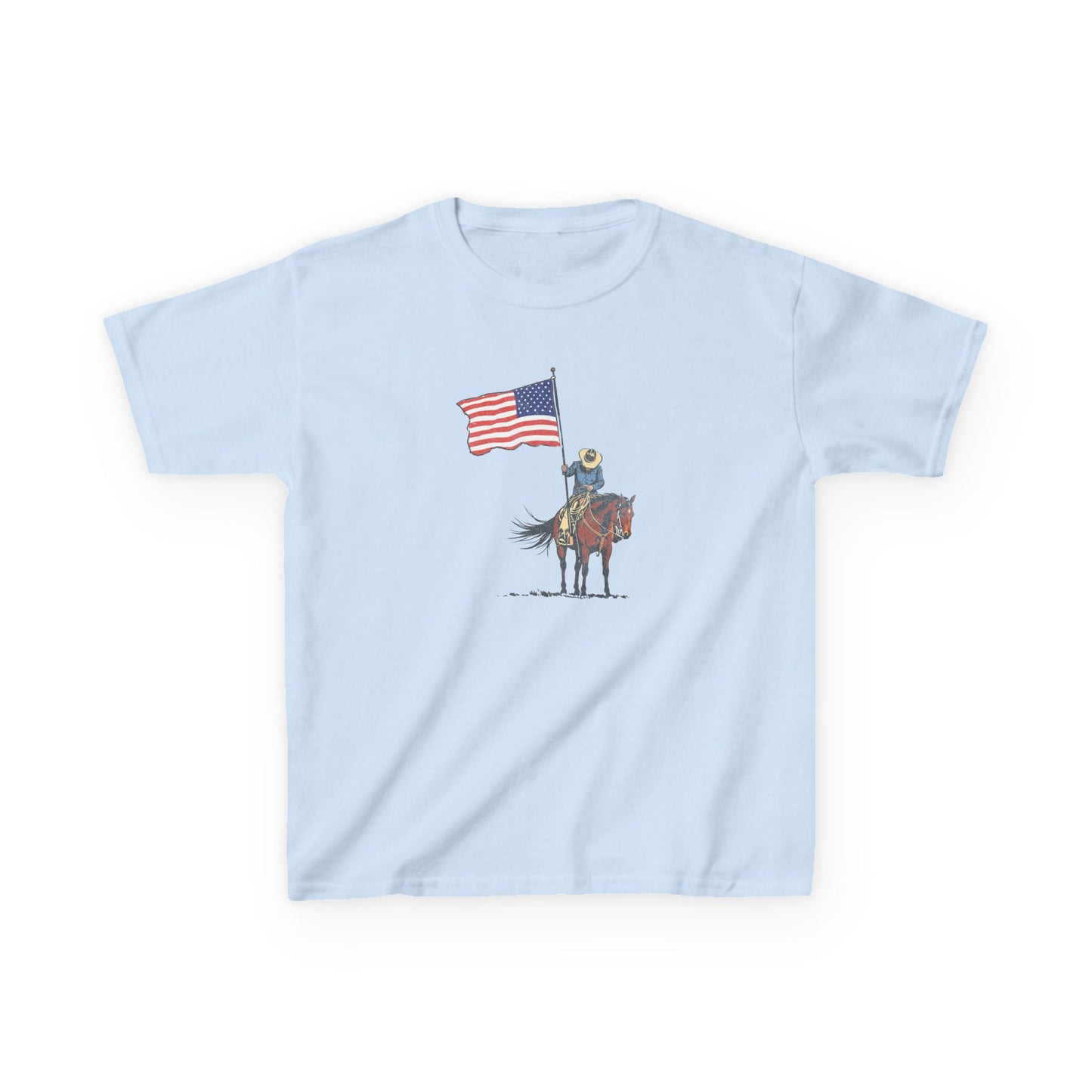 Kids Tee — Cowboy on Horse Holding American Flag (Patriotic Western Shirt)