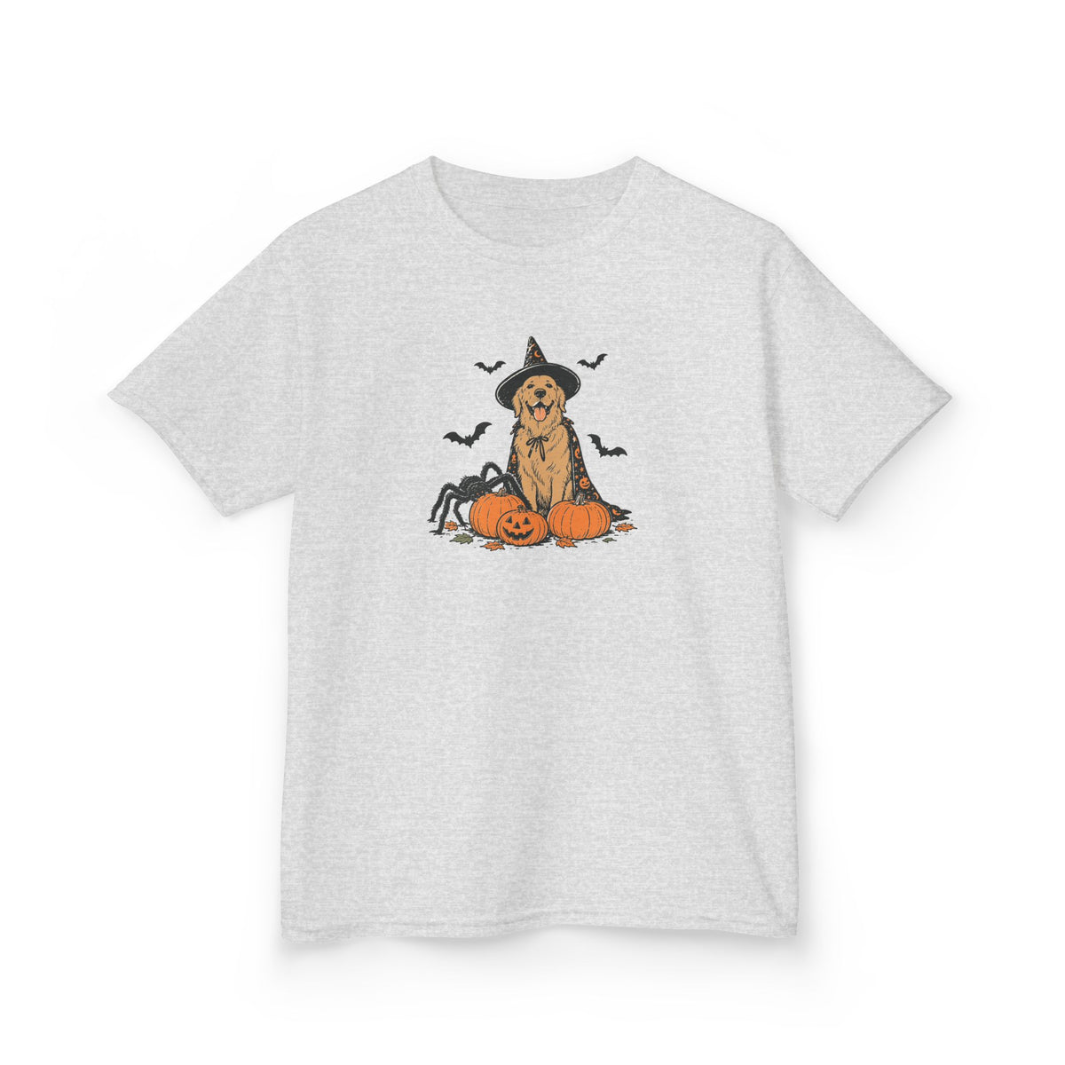 Kids Halloween Witch Tee – Cute Witch Dog with Pumpkins Kids T-Shirt