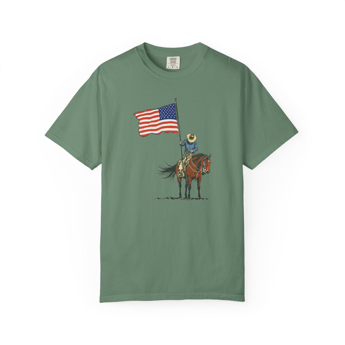 Patriotic Cowboy on Horse T-Shirt – American Flag Western Tee