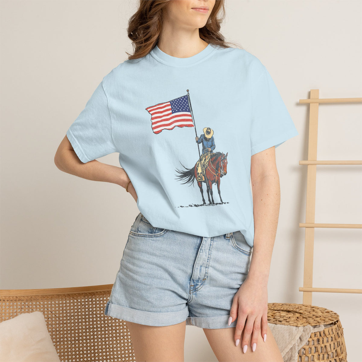 Patriotic Cowboy on Horse T-Shirt – American Flag Western Tee