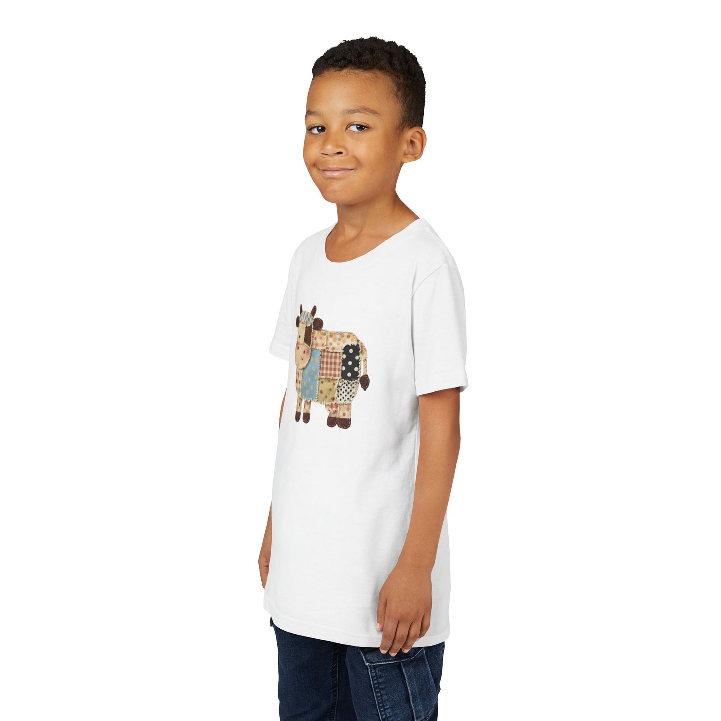 Kids Cow Patchwork Print T-Shirt – Cute Patchwork Calf Graphic Youth Tee