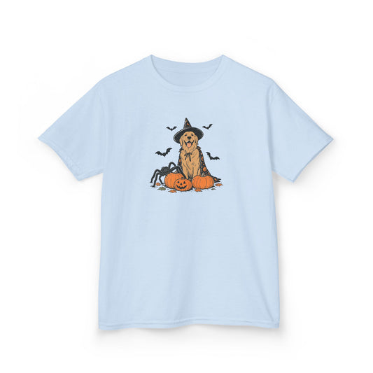 Kids Halloween Witch Tee – Cute Witch Dog with Pumpkins Kids T-Shirt
