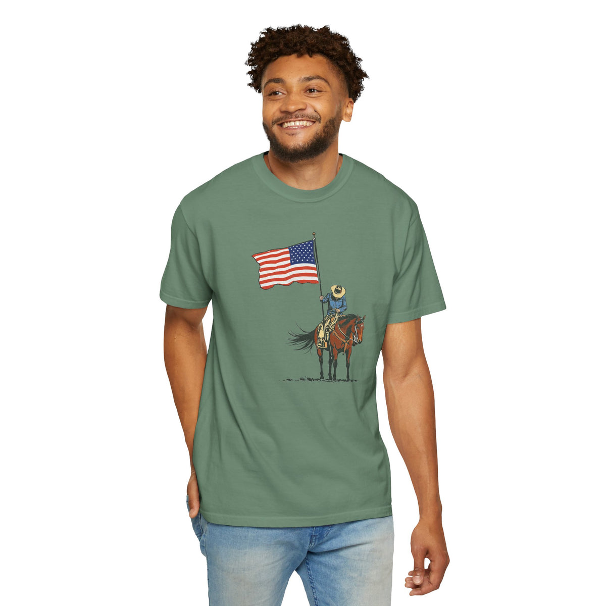 Patriotic Cowboy on Horse T-Shirt – American Flag Western Tee