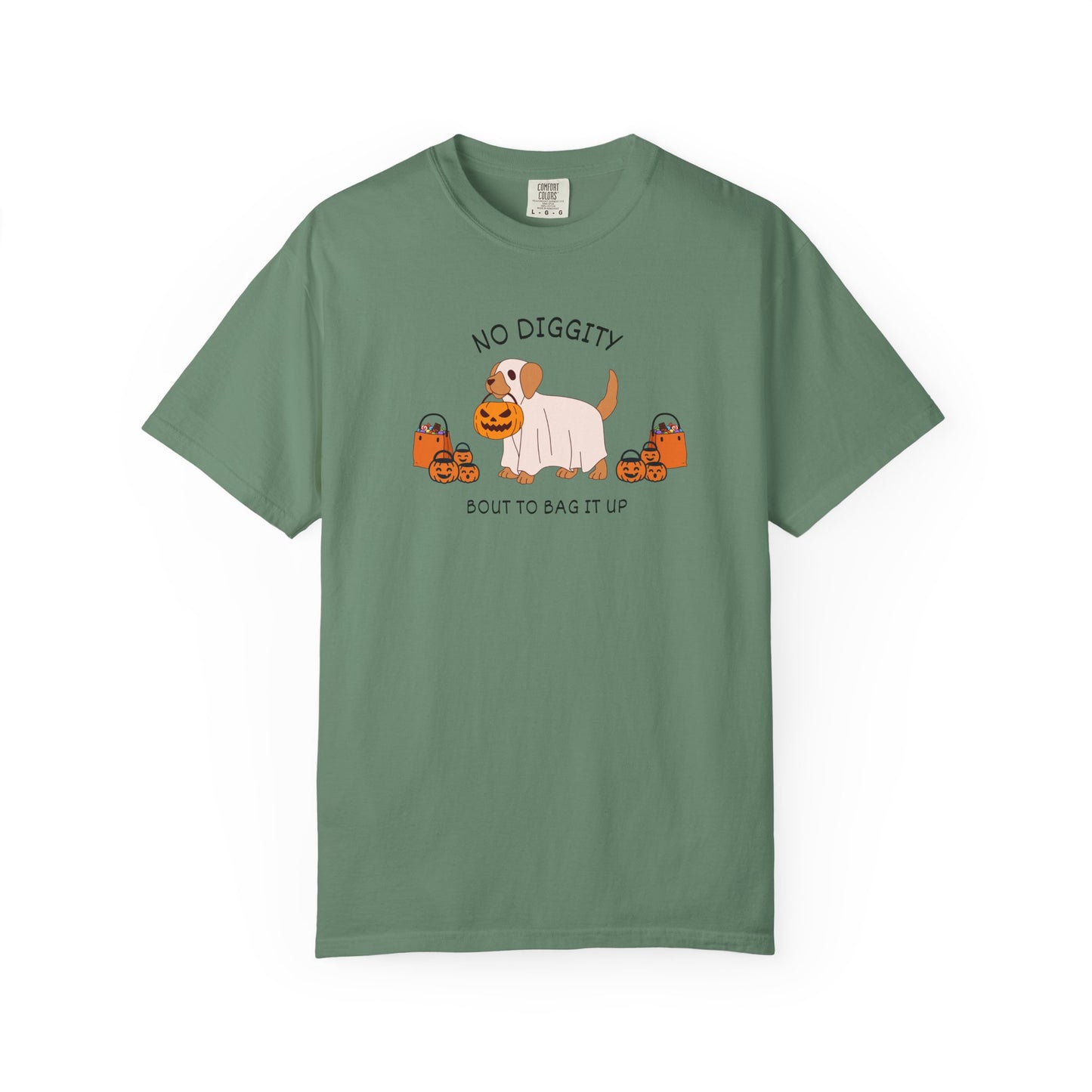No Diggity Dog T-Shirt — Cute Puppy with Pumpkins "Bout to Bag It Up"