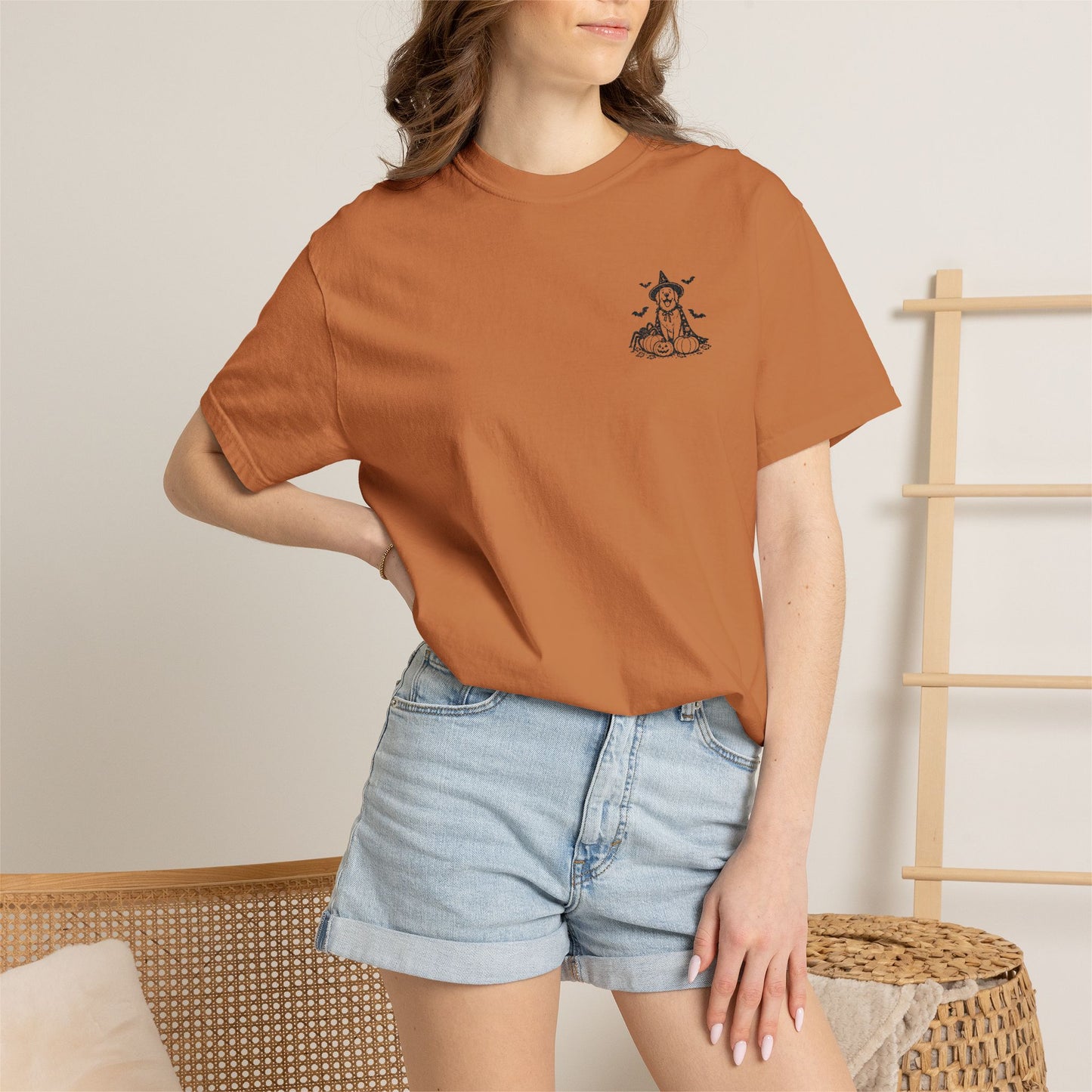 Pocket Spooky Golden Retriever Fall T-Shirt — Embroidered