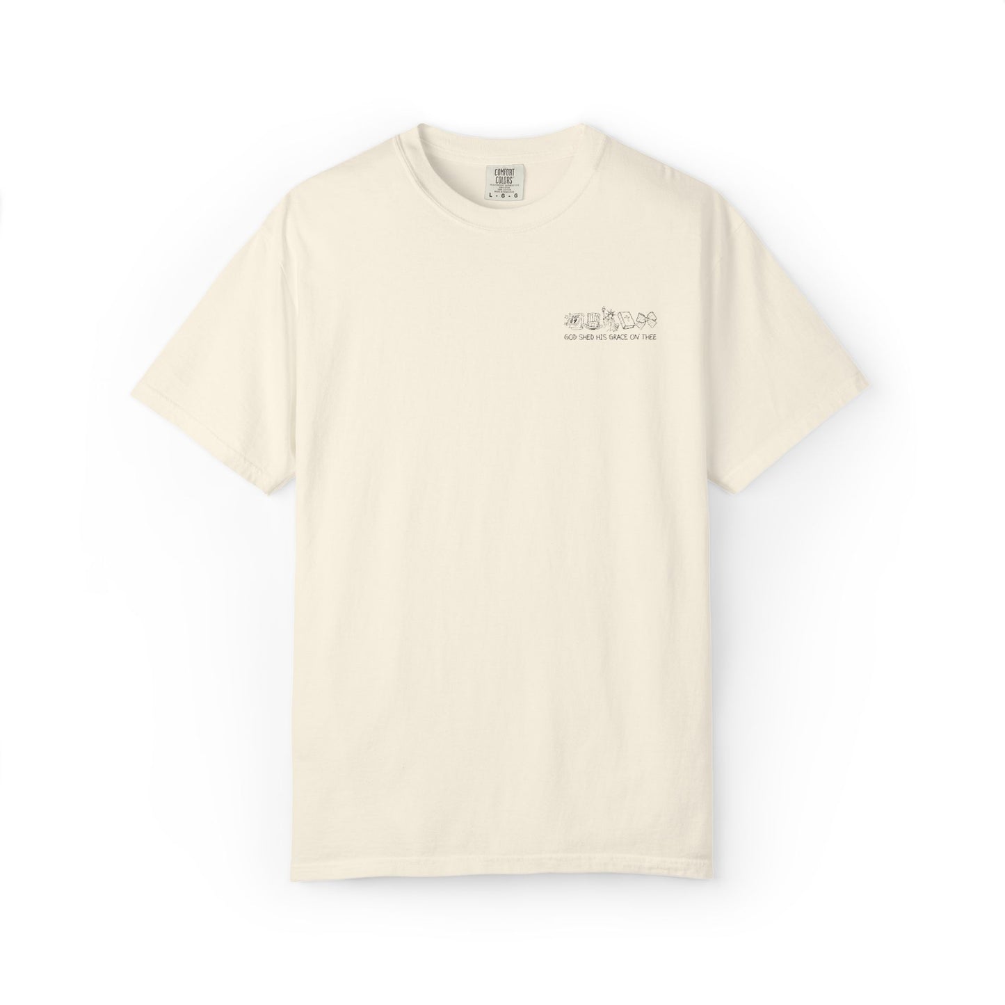 "God Shed His Grace on Thee" Chest Embroidered Script Minimalist T‑Shirt — Subtle Pocket Text Design