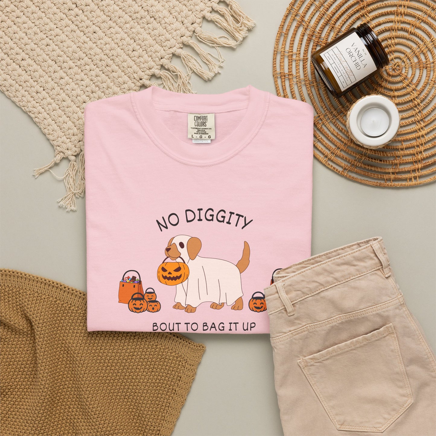 No Diggity Dog T-Shirt — Cute Puppy with Pumpkins "Bout to Bag It Up"