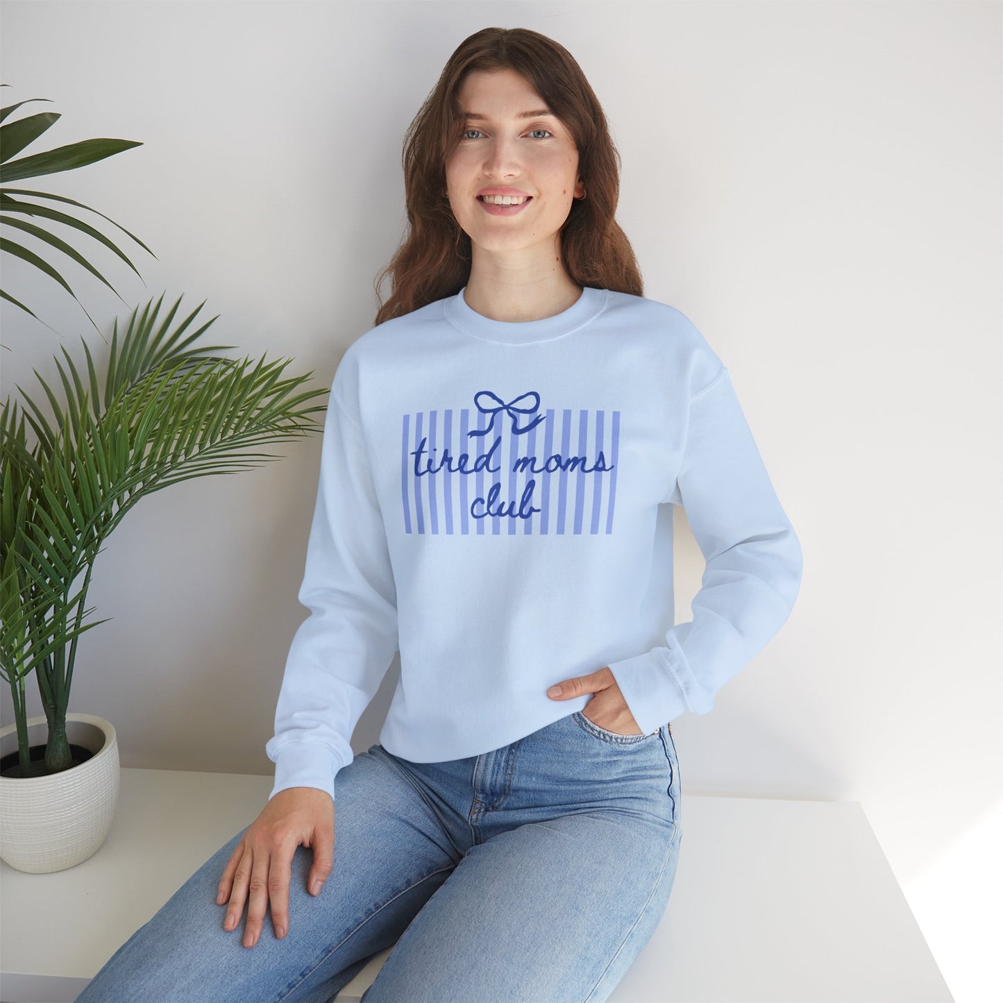 Crewneck Sweatshirt — "Tired Moms Club" Blue Striped Cozy Pullover