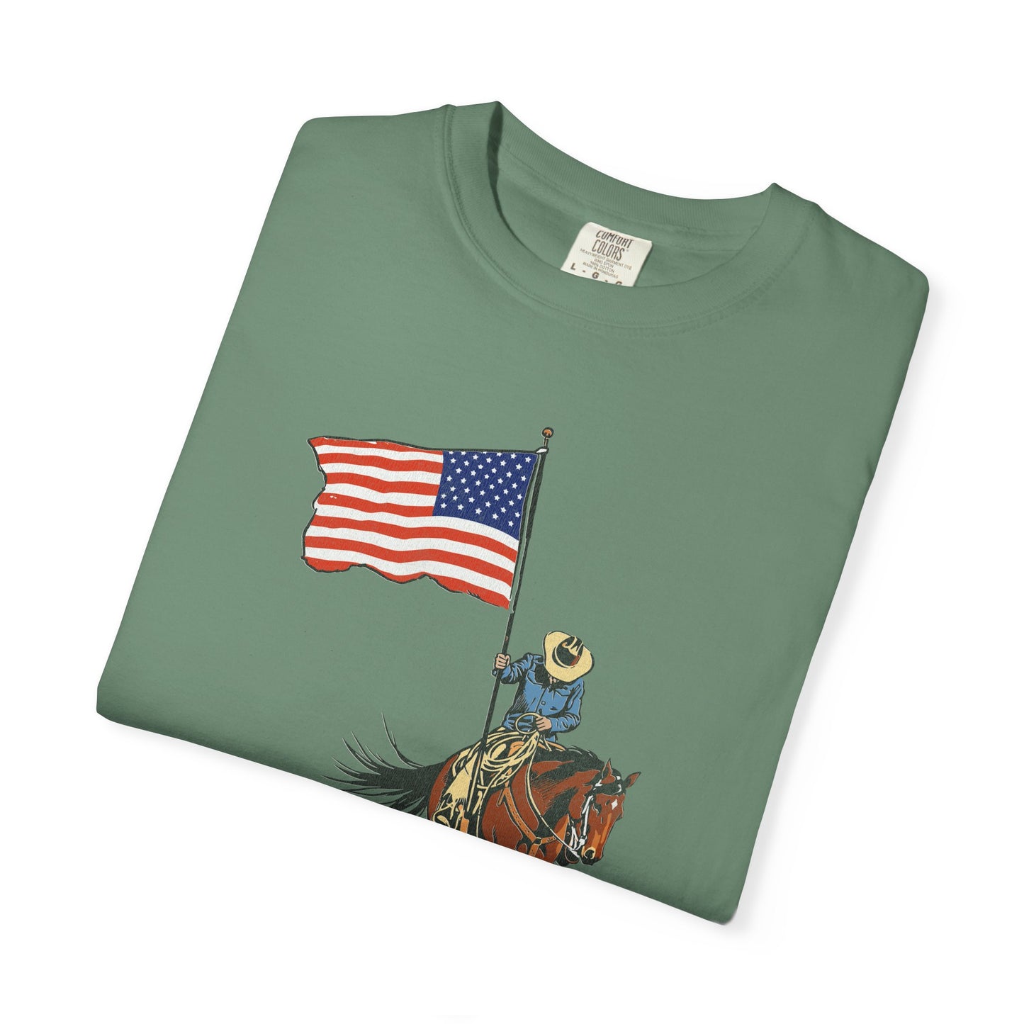 Patriotic Cowboy on Horse T-Shirt – American Flag Western Tee