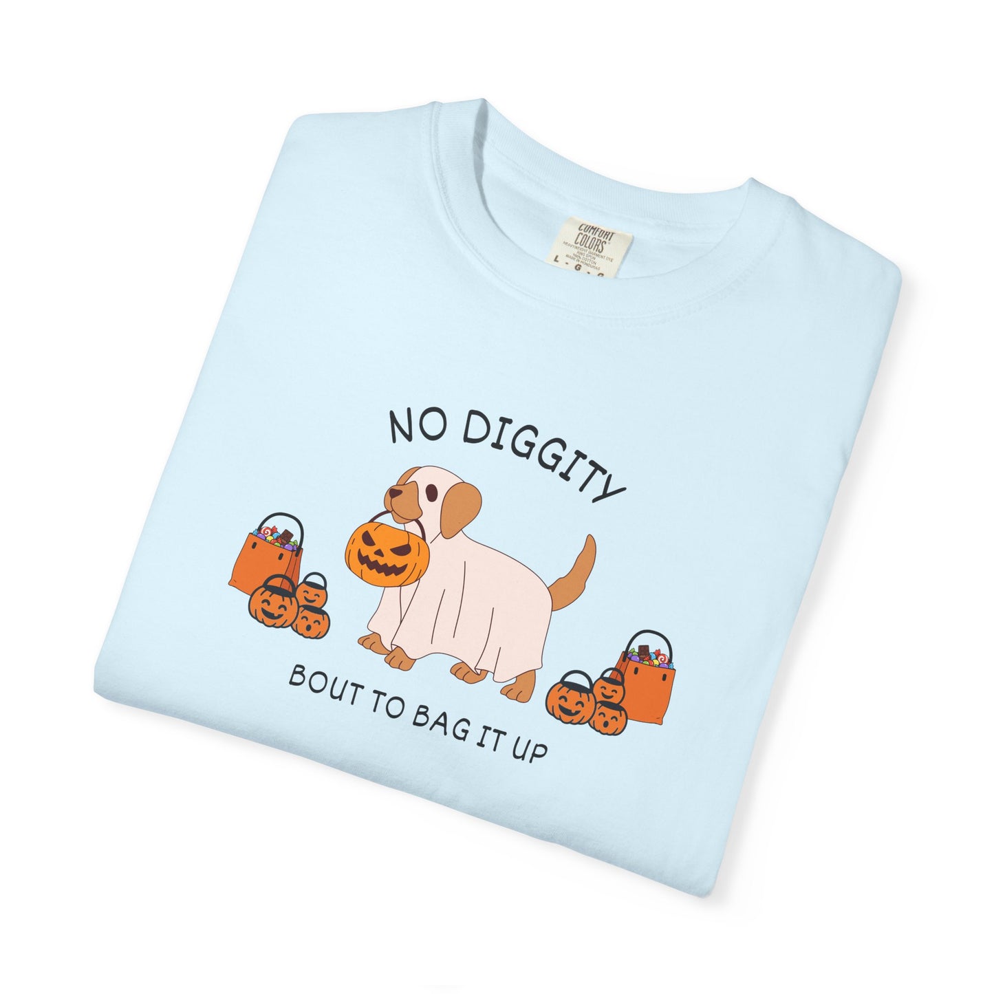 No Diggity Dog T-Shirt — Cute Puppy with Pumpkins "Bout to Bag It Up"