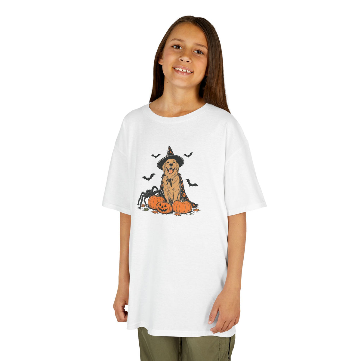 Kids Halloween Witch Tee – Cute Witch Dog with Pumpkins Kids T-Shirt