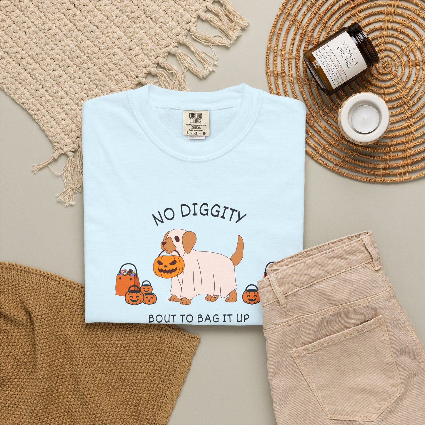 No Diggity Dog T-Shirt — Cute Puppy with Pumpkins "Bout to Bag It Up"