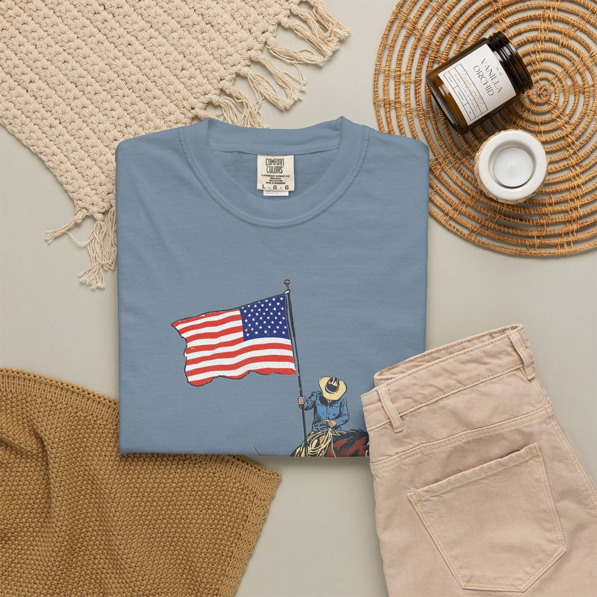 Patriotic Cowboy on Horse T-Shirt – American Flag Western Tee