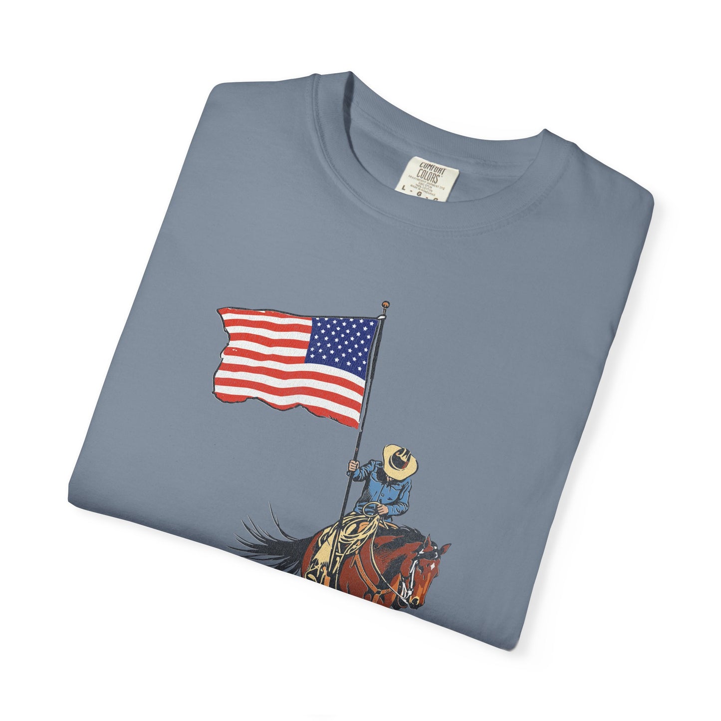 Patriotic Cowboy on Horse T-Shirt – American Flag Western Tee