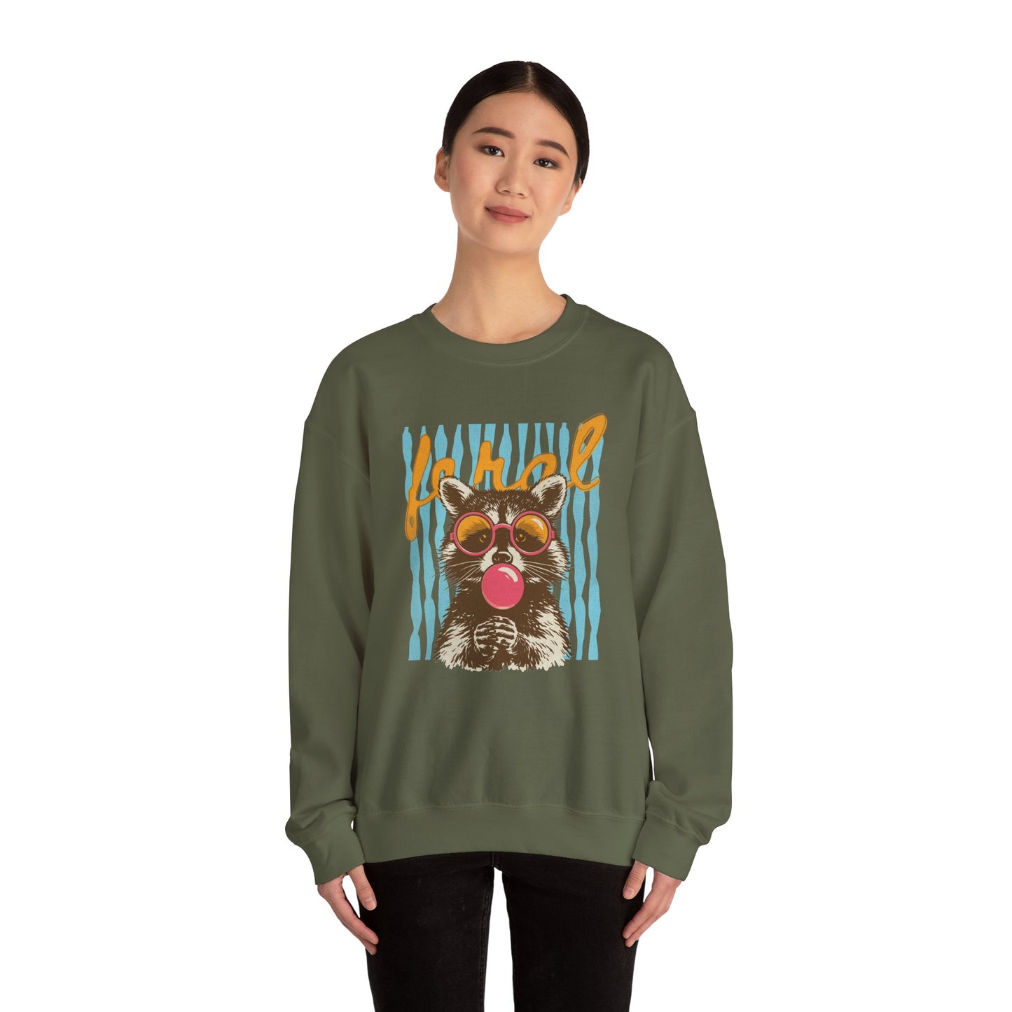 Crewneck Sweatshirt — Retro Raccoon Bubblegum Design