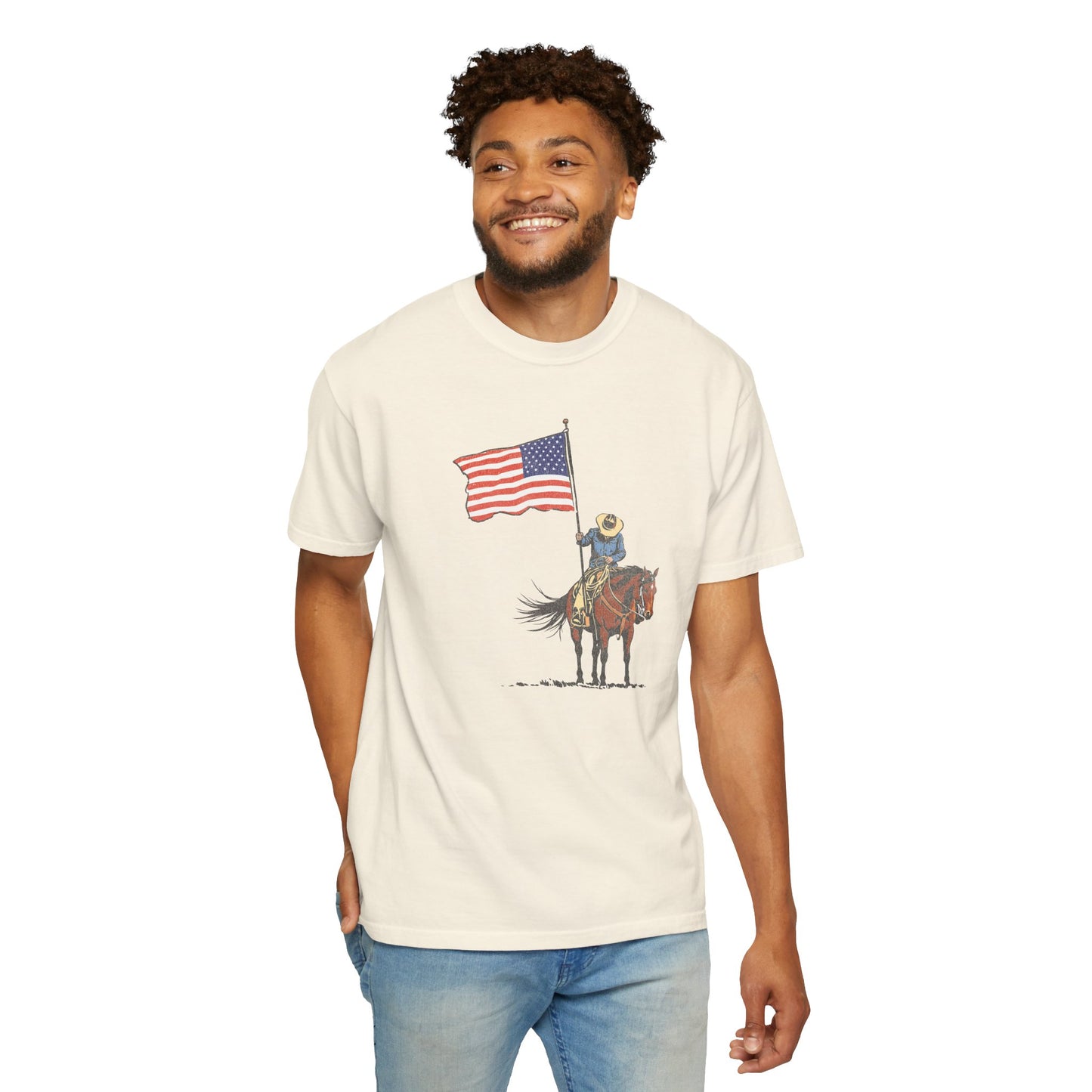 Patriotic Cowboy on Horse T-Shirt – American Flag Western Tee
