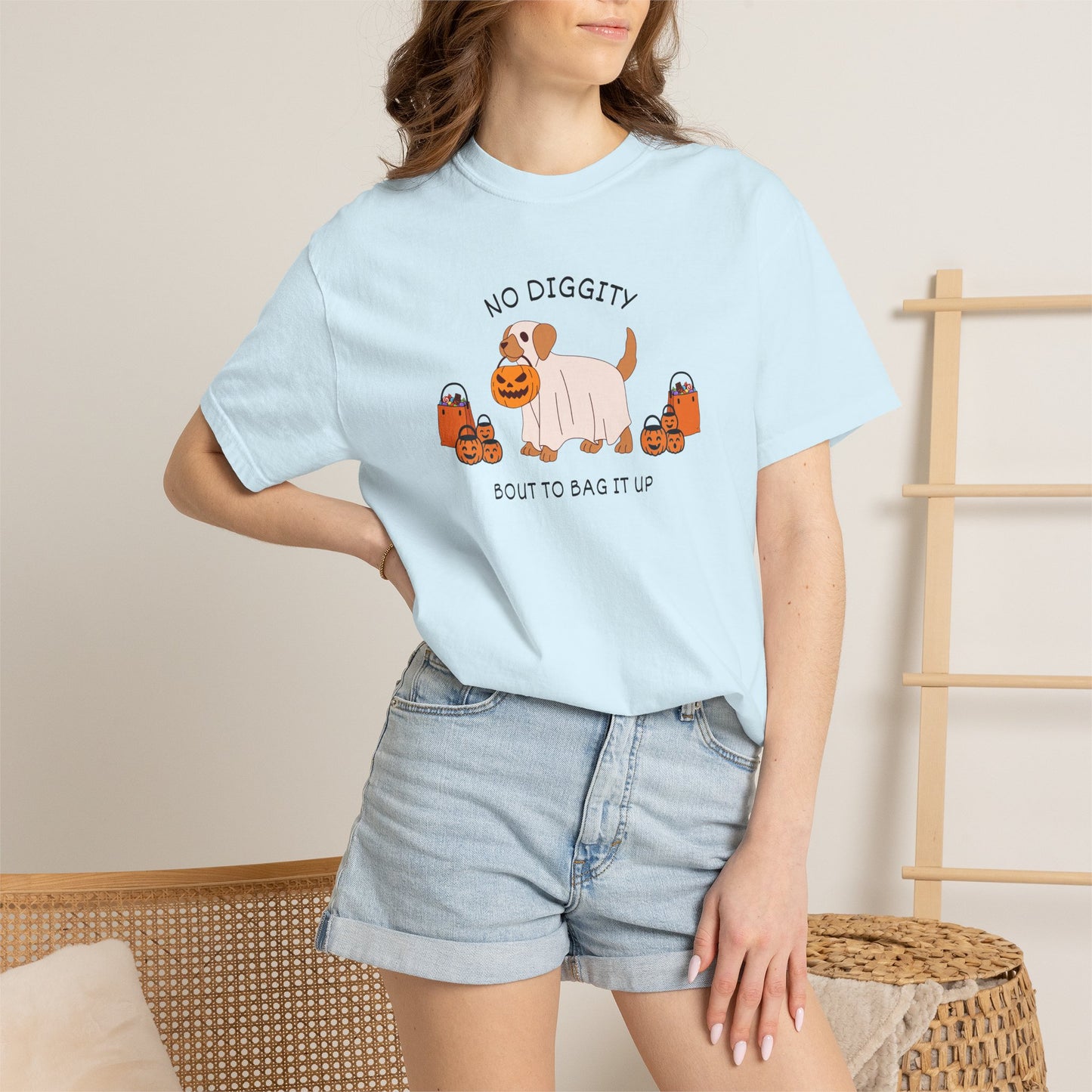 No Diggity Dog T-Shirt — Cute Puppy with Pumpkins "Bout to Bag It Up"