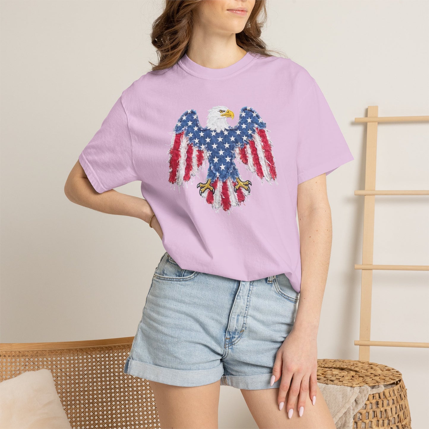 Patriotic Eagle Print T-Shirt — Distressed American Flag Graphic