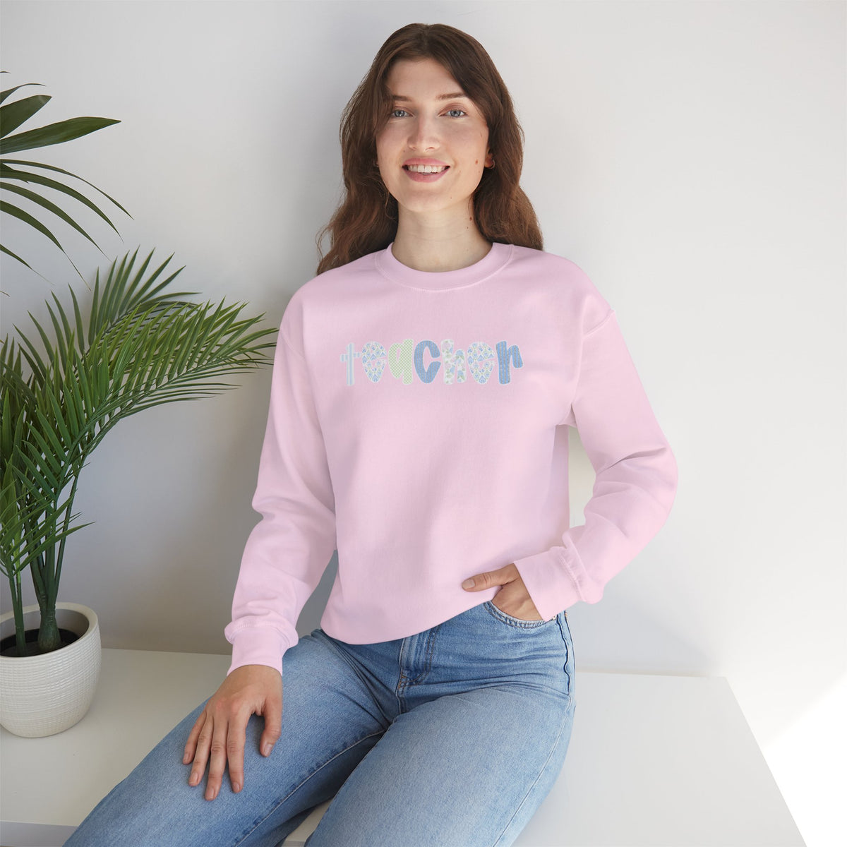 Teacher Floral Crewneck Sweatshirt — Pastel Heart & Flower Teacher Gift