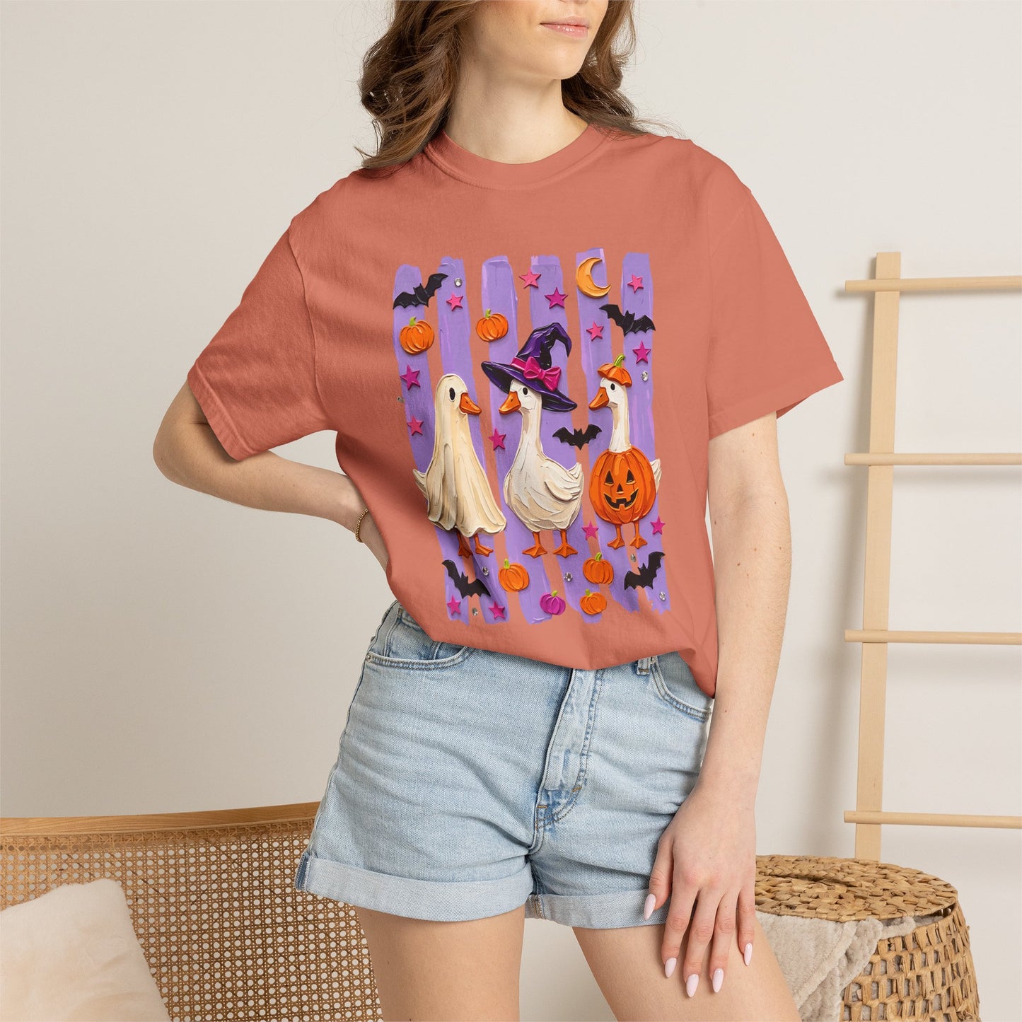 Halloween Goose T-Shirt — Cute Ghosts, Witch Hat & Pumpkin Design