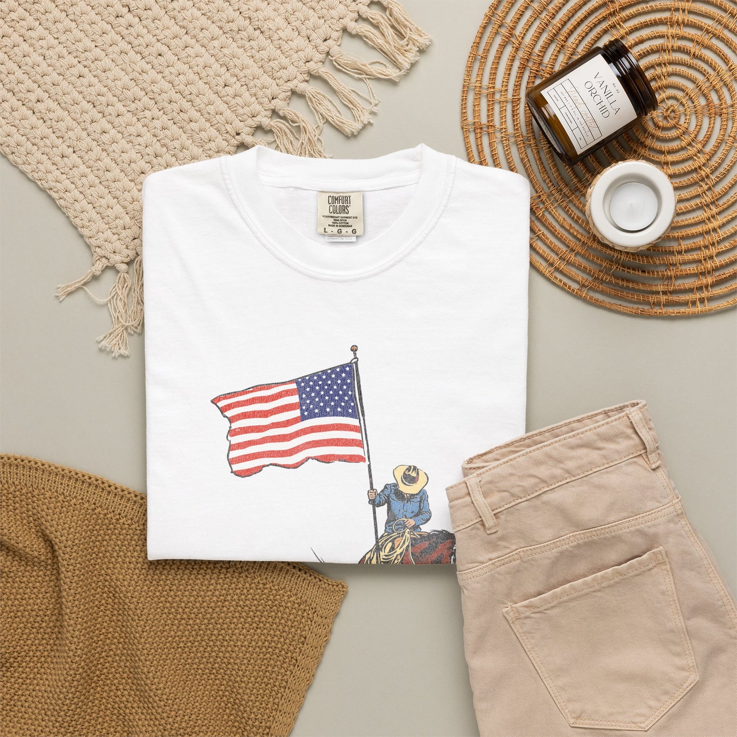 Patriotic Cowboy on Horse T-Shirt – American Flag Western Tee