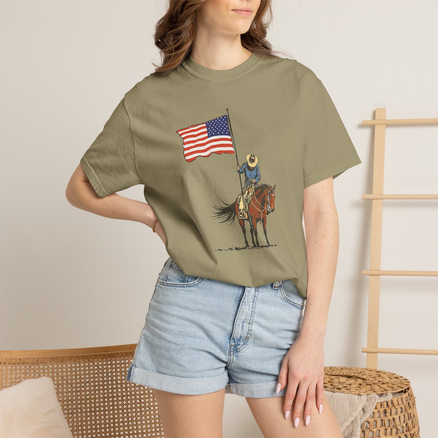 Patriotic Cowboy on Horse T-Shirt – American Flag Western Tee