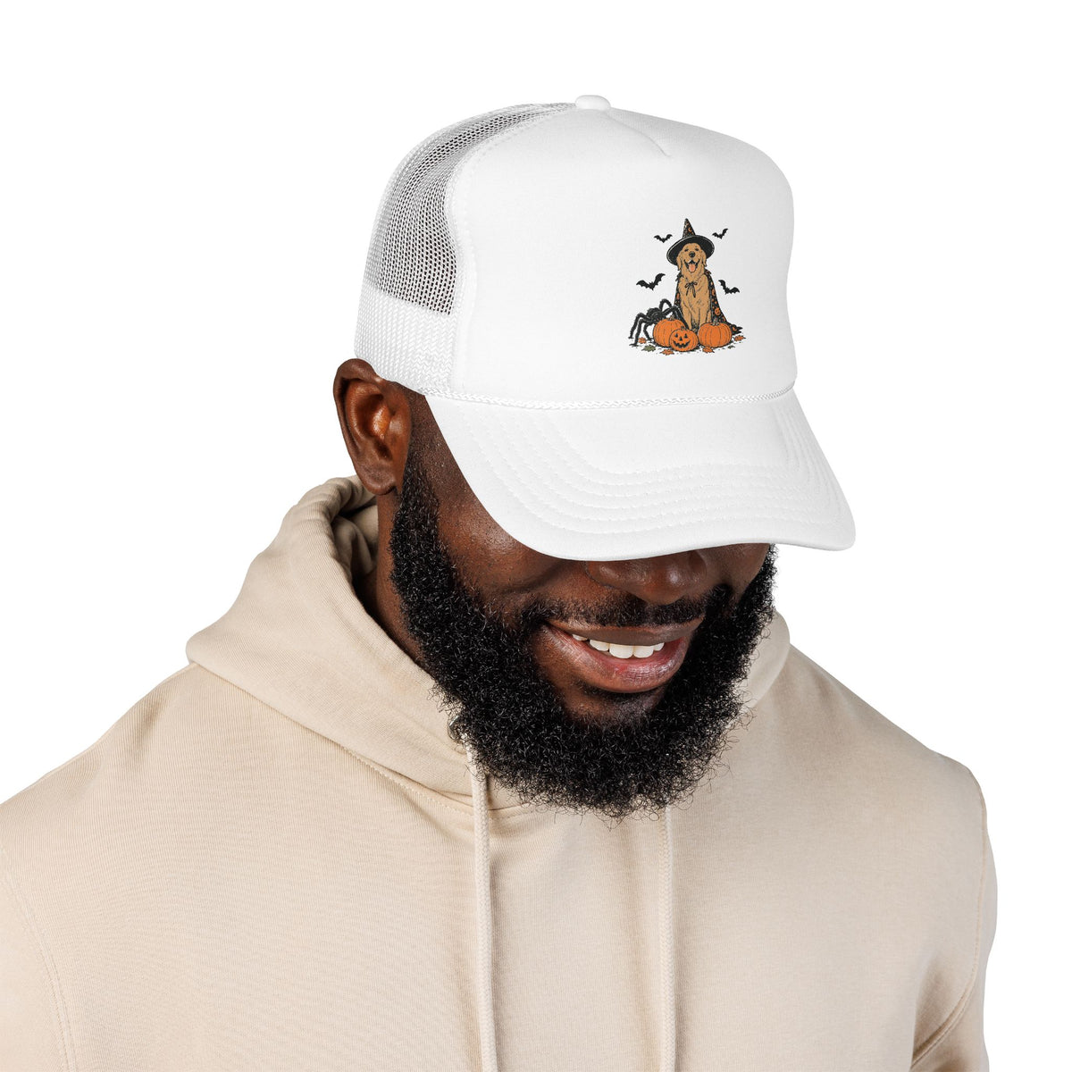 Dog Halloween Trucker Hat — Golden Retriever with Pumpkins & Bats