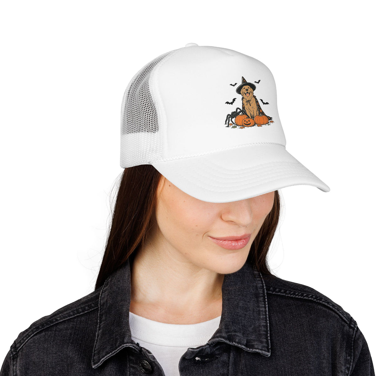 Dog Halloween Trucker Hat — Golden Retriever with Pumpkins & Bats