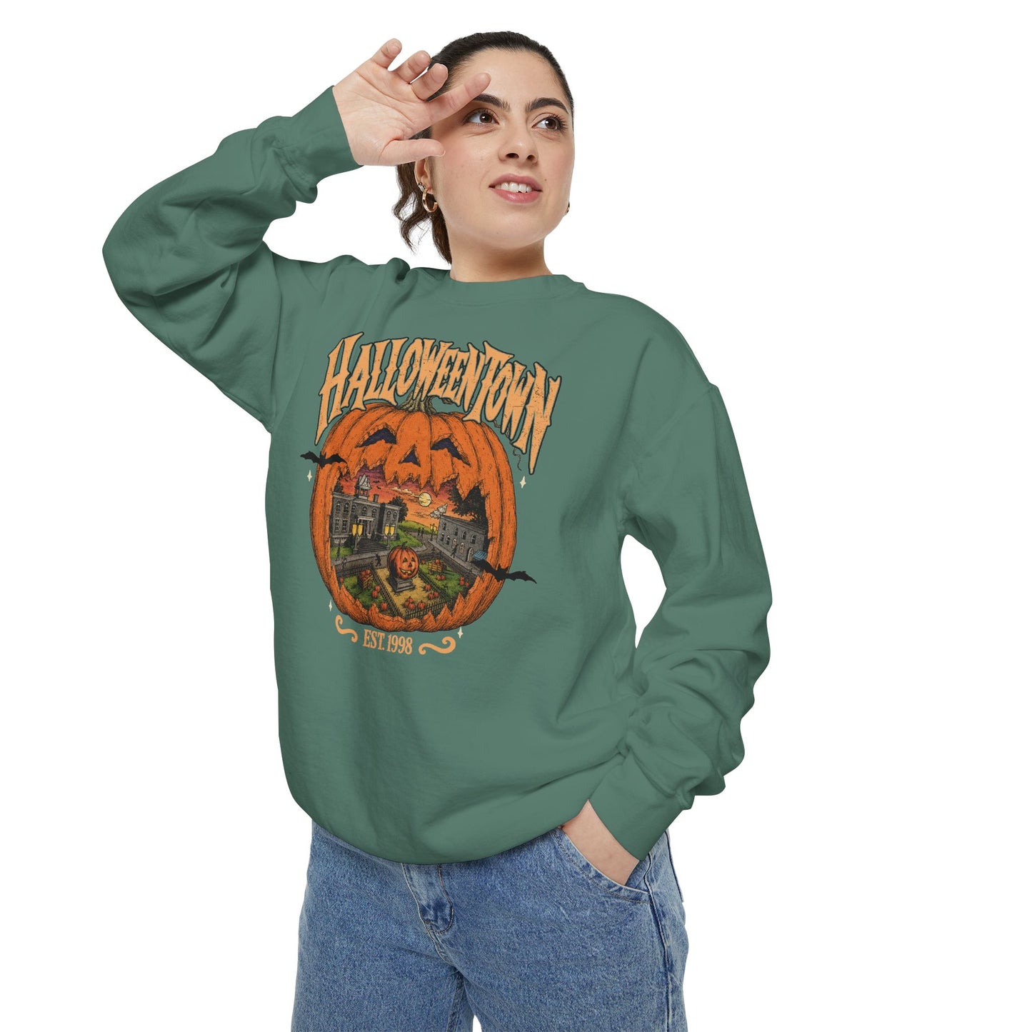 Halloweentown Pumpkin Crewneck Sweatshirt — Vintage Spooky Town Graphic