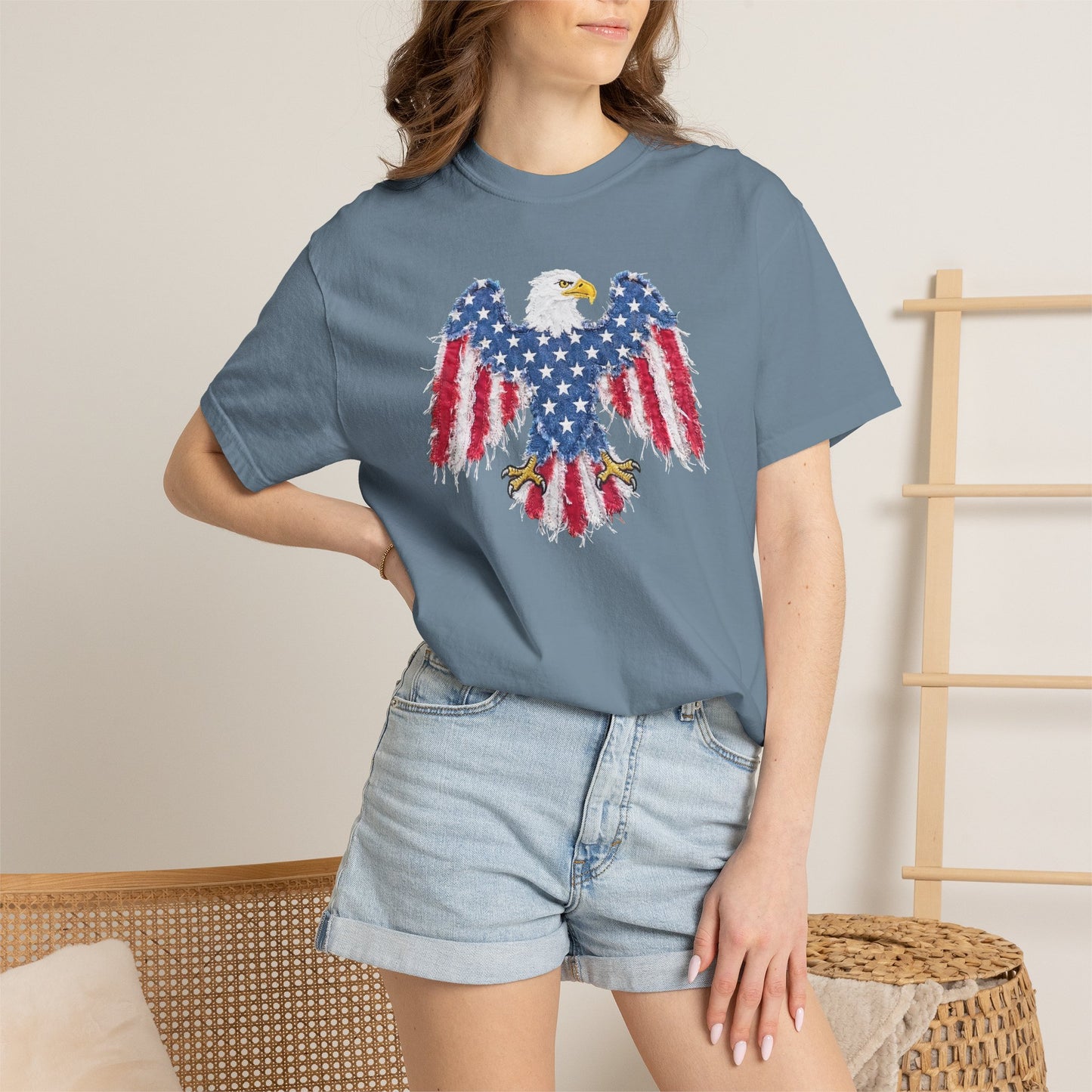 Patriotic Eagle Print T-Shirt — Distressed American Flag Graphic