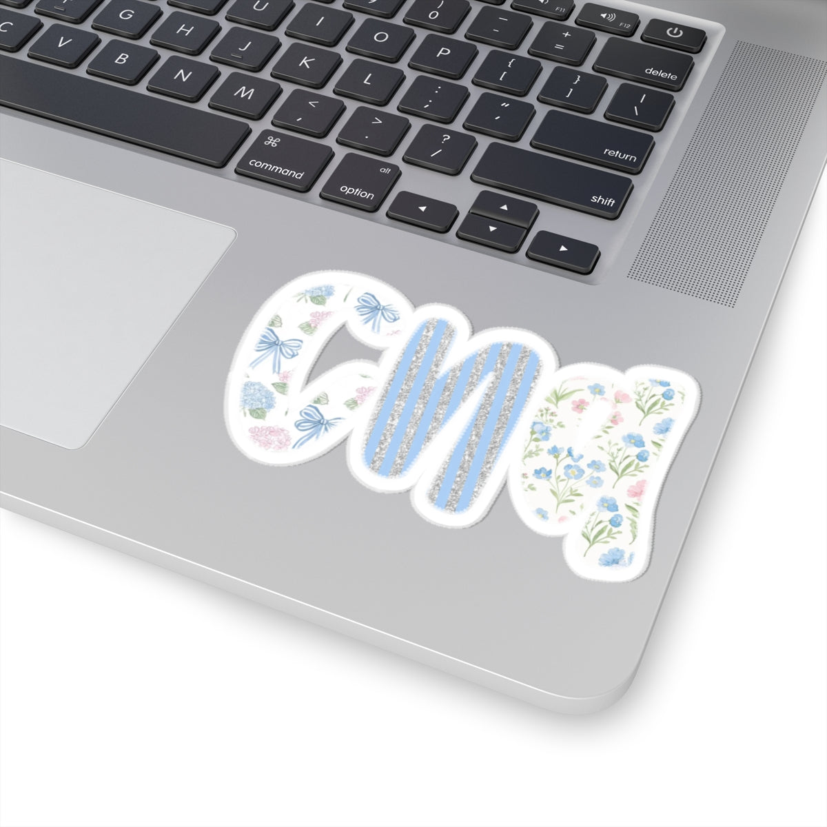 Floral Monogram 'CNA' Kiss-Cut Sticker — Blue Vintage Flowers Laptop Decal