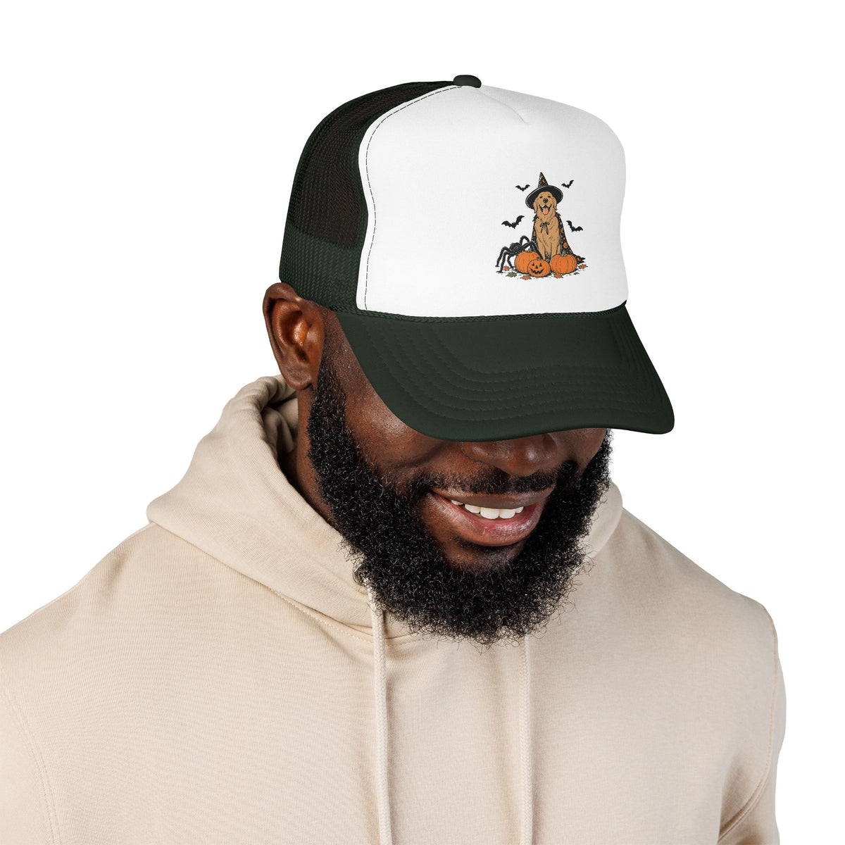 Dog Halloween Trucker Hat — Golden Retriever with Pumpkins & Bats