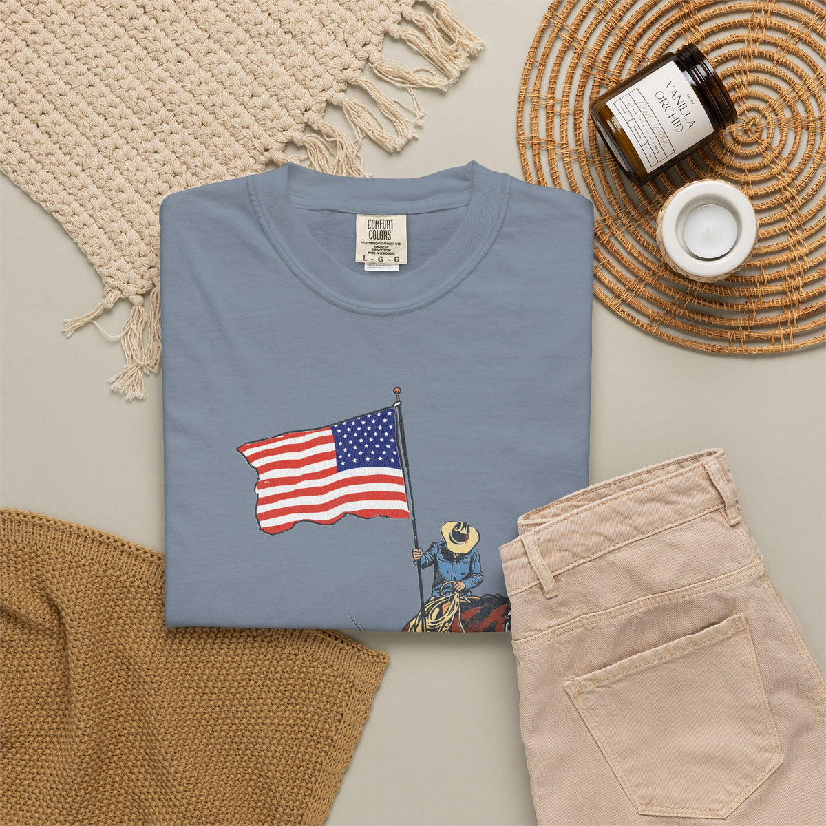 Patriotic Cowboy on Horse T-Shirt – American Flag Western Tee