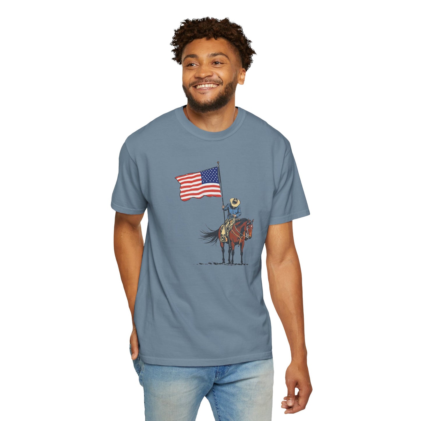 Patriotic Cowboy on Horse T-Shirt – American Flag Western Tee
