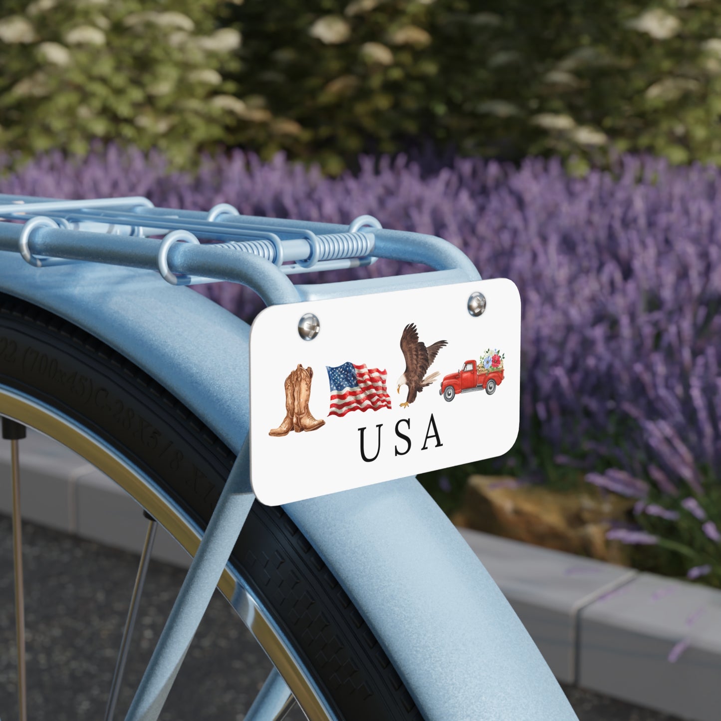 Patriotic USA Mini License Plate — Boots, Flag, Eagle & Red Truck Accent