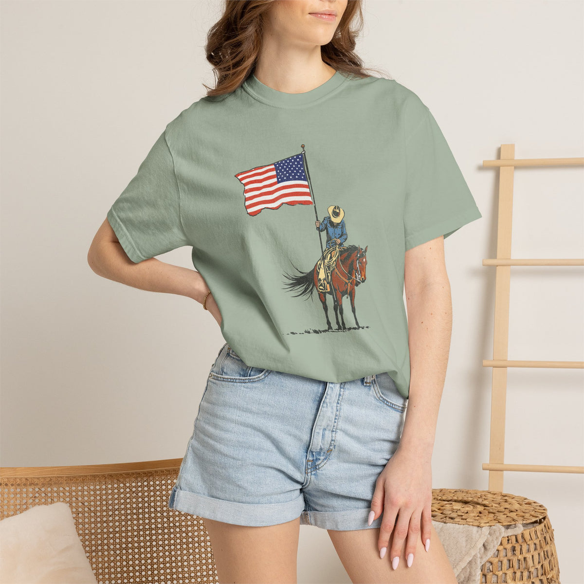 Patriotic Cowboy on Horse T-Shirt – American Flag Western Tee