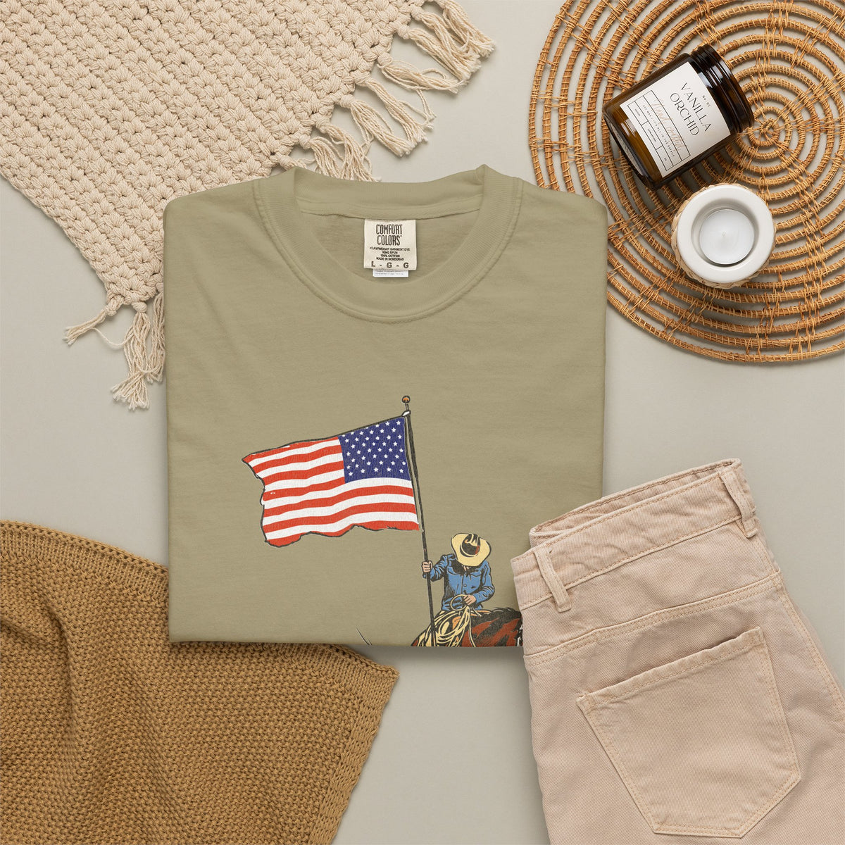 Patriotic Cowboy on Horse T-Shirt – American Flag Western Tee