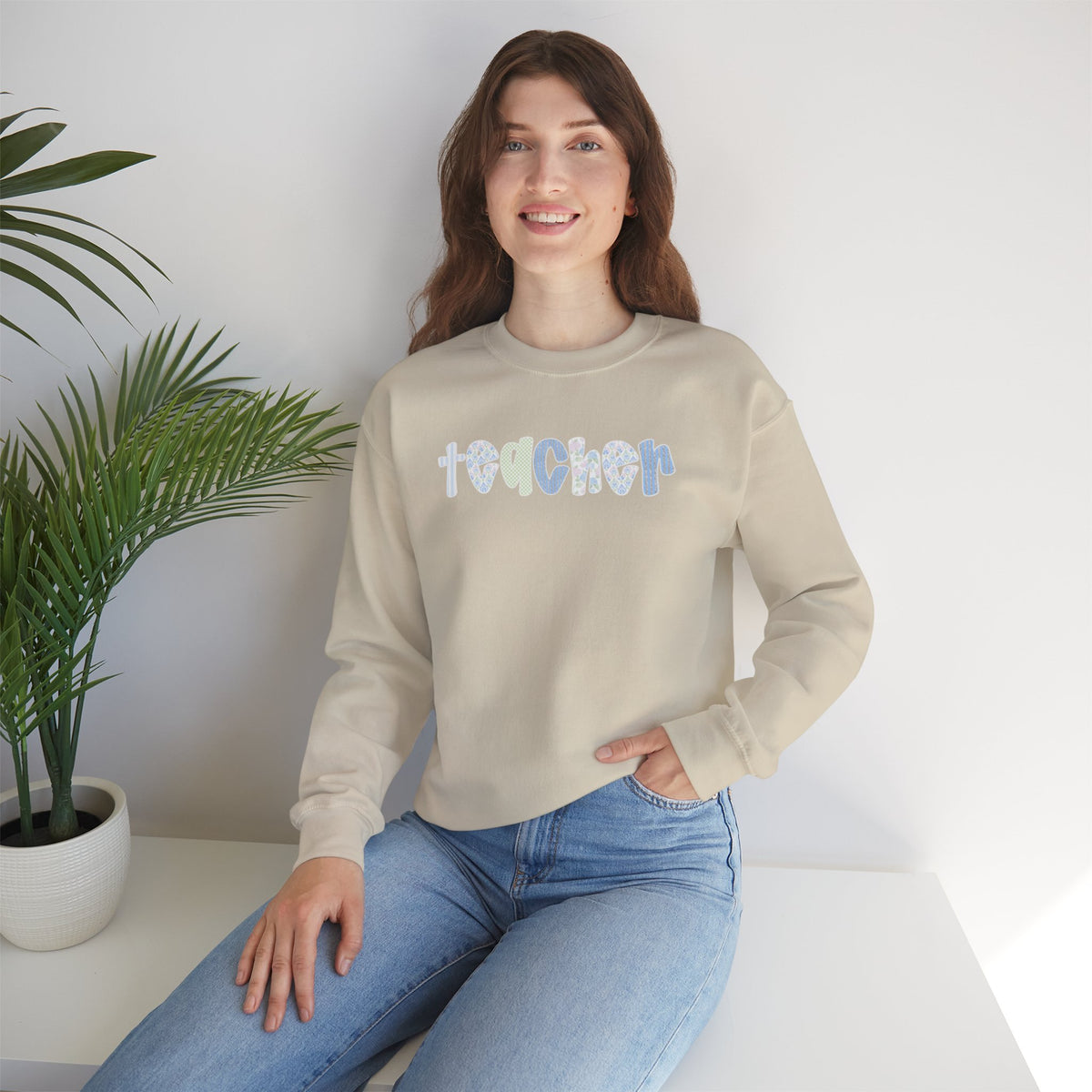 Teacher Floral Crewneck Sweatshirt — Pastel Heart & Flower Teacher Gift
