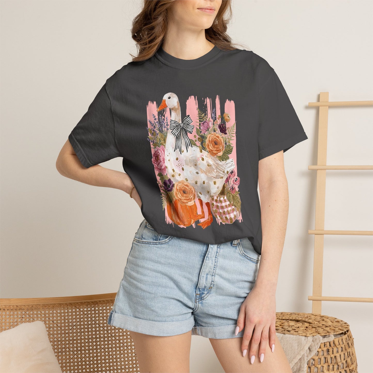 Autumn Farmyard Goose T-Shirt — Pumpkin & Floral Fall Tee