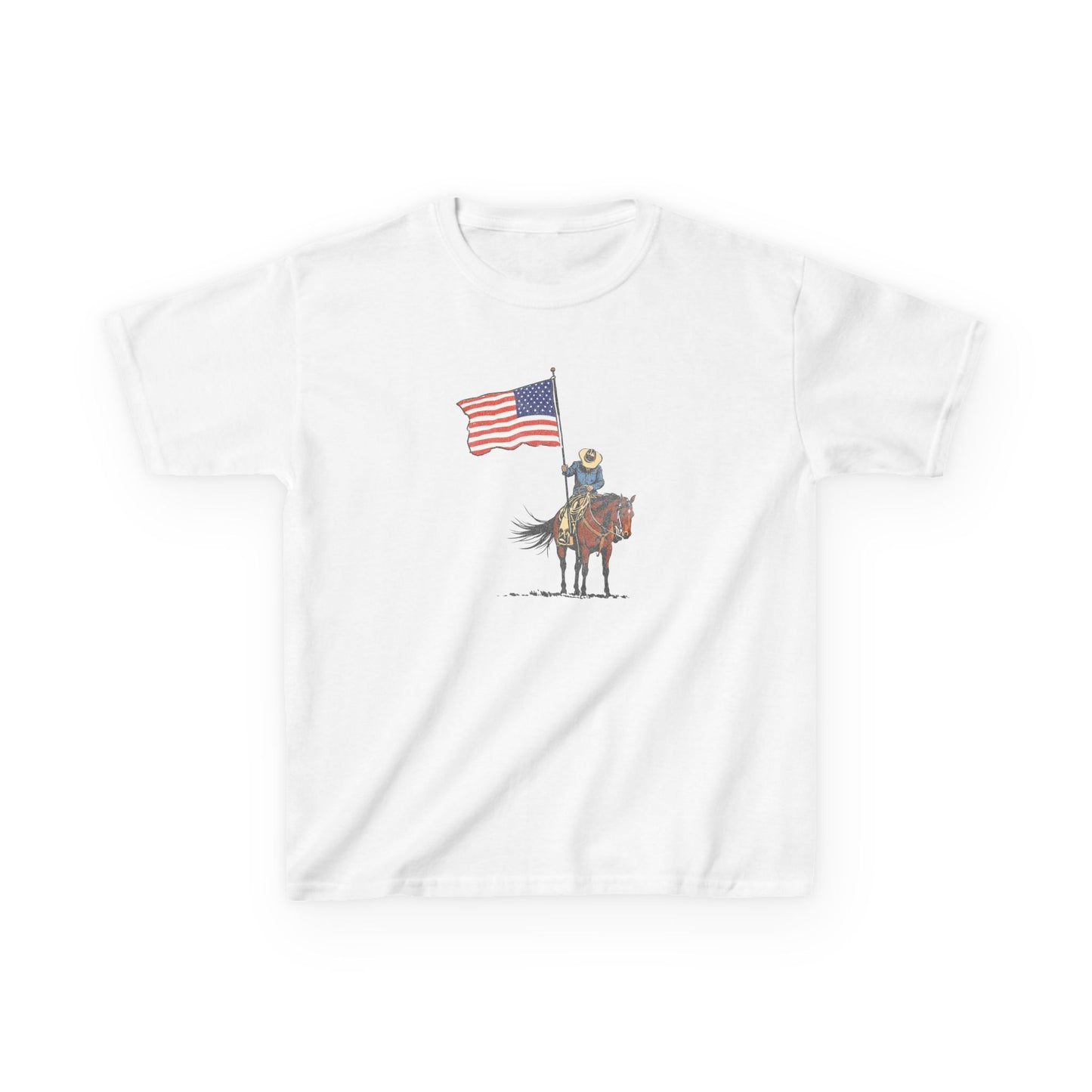 Kids Tee — Cowboy on Horse Holding American Flag (Patriotic Western Shirt)