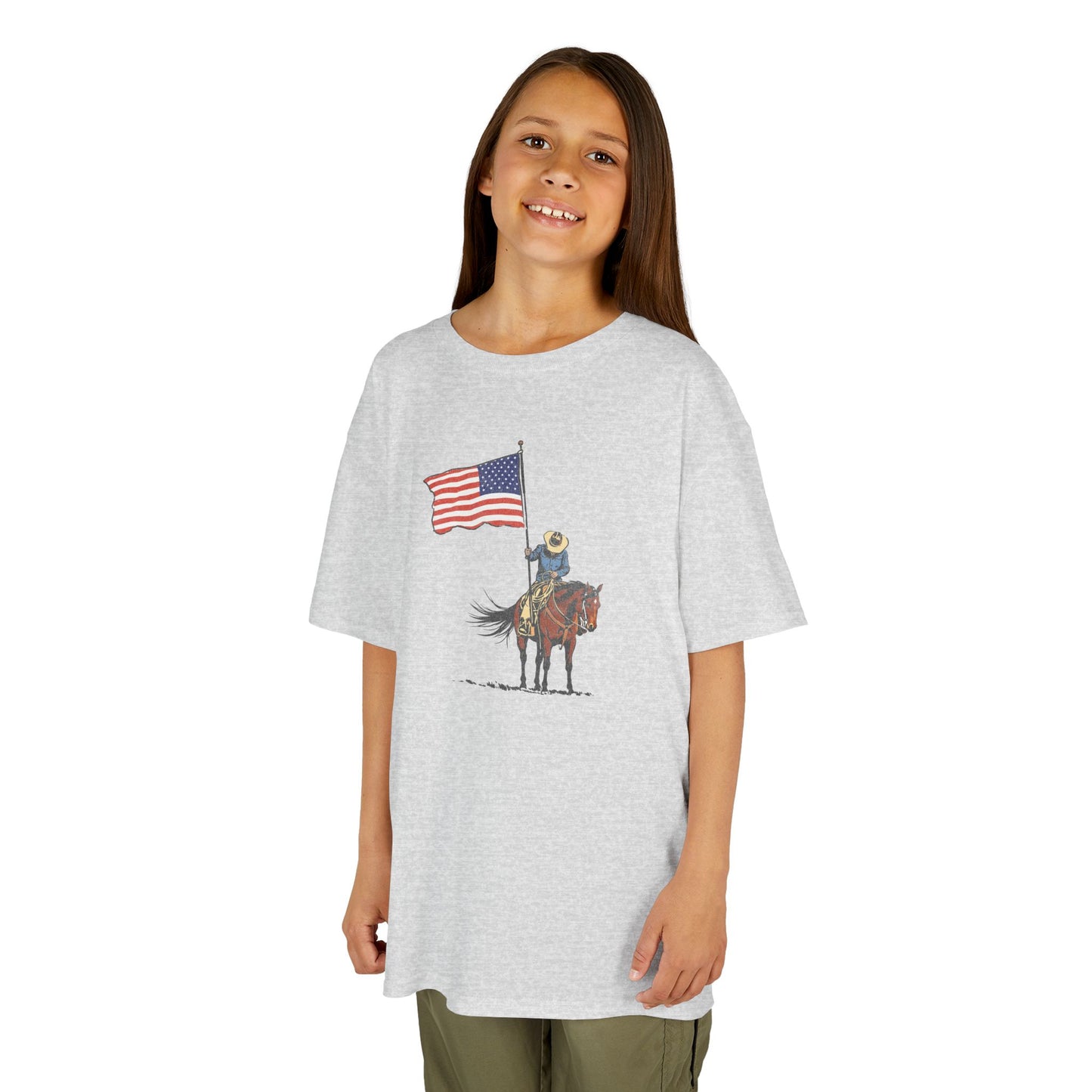 Kids Tee — Cowboy on Horse Holding American Flag (Patriotic Western Shirt)