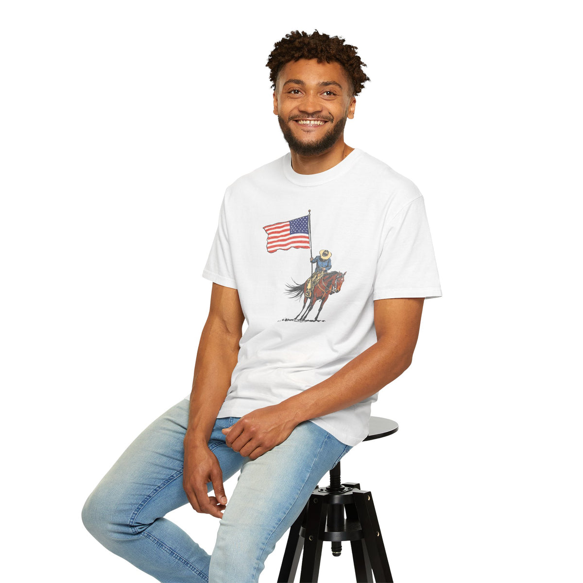 Patriotic Cowboy on Horse T-Shirt – American Flag Western Tee