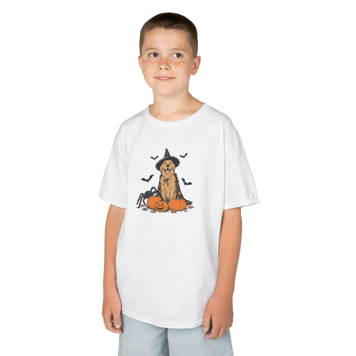 Kids Halloween Witch Tee – Cute Witch Dog with Pumpkins Kids T-Shirt