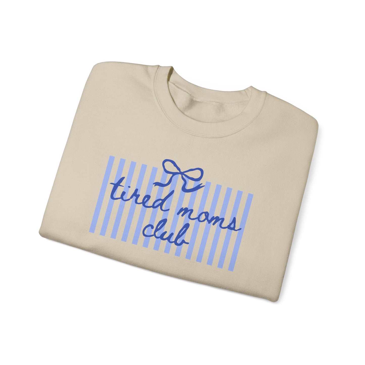 Crewneck Sweatshirt — "Tired Moms Club" Blue Striped Cozy Pullover