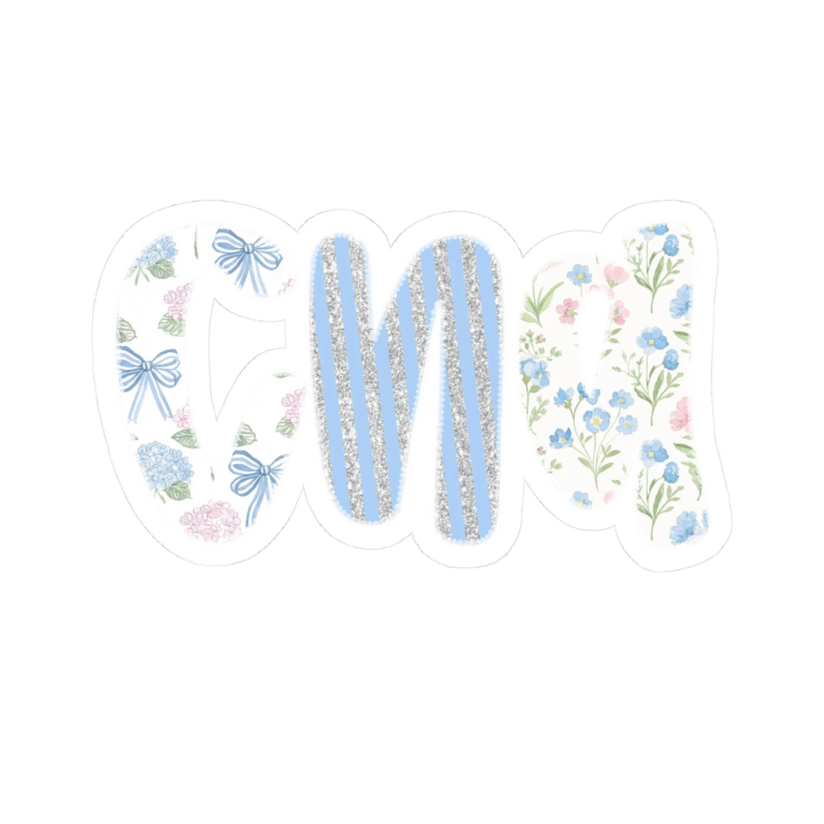 Floral Monogram 'CNA' Kiss-Cut Sticker — Blue Vintage Flowers Laptop Decal