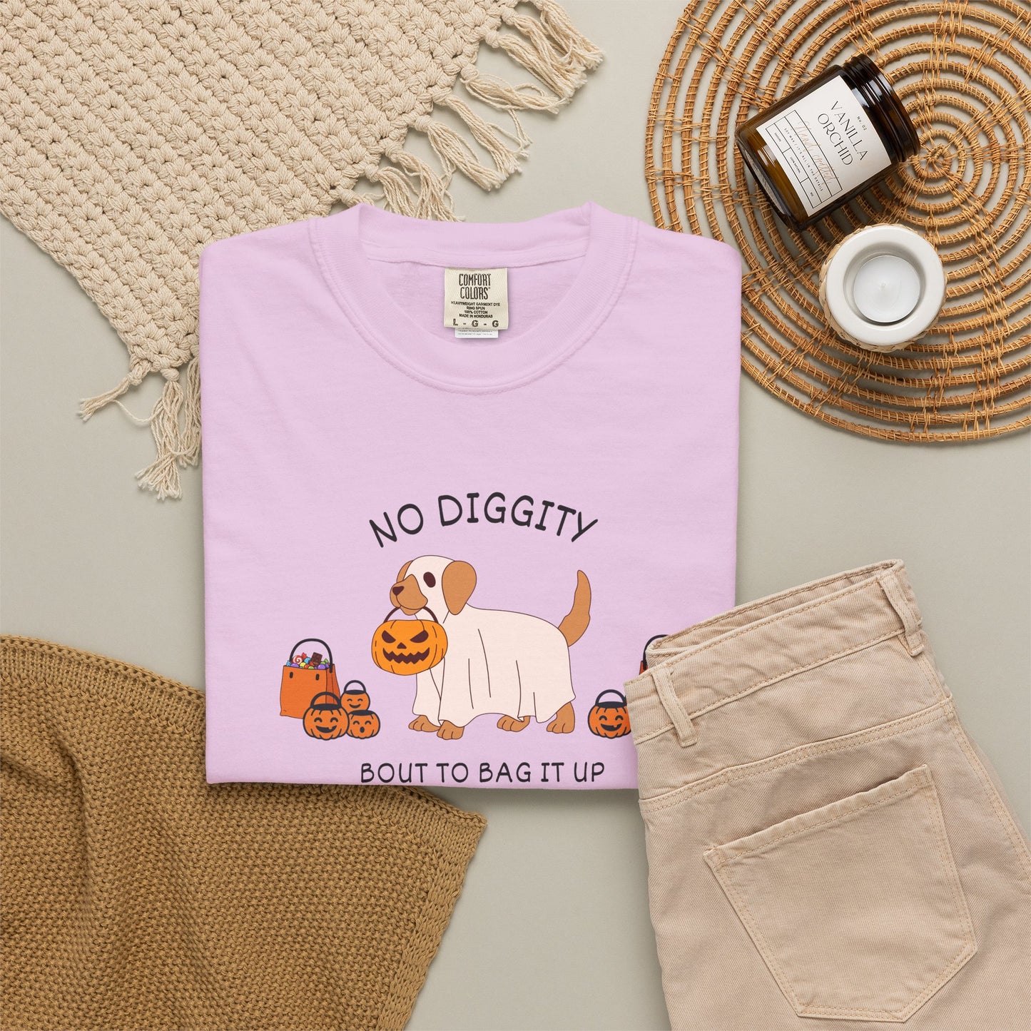 No Diggity Dog T-Shirt — Cute Puppy with Pumpkins "Bout to Bag It Up"