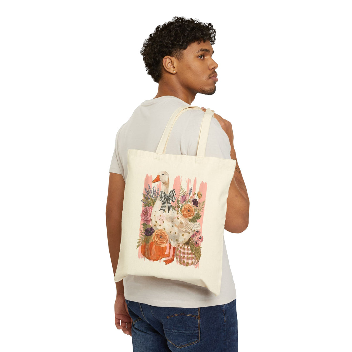 Autumn Goose Canvas Tote Bag — Fall Pumpkin & Floral Market Bag