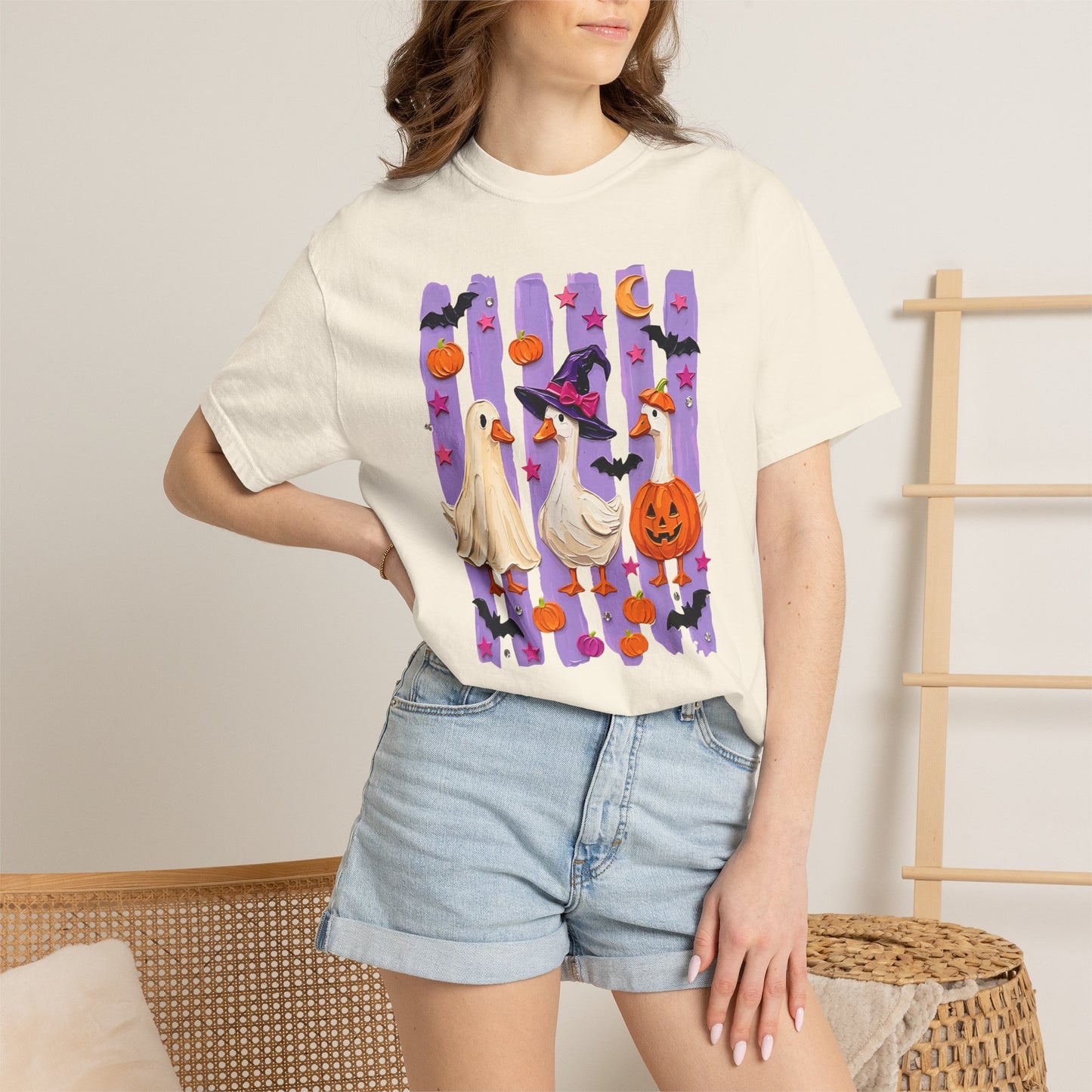 Halloween Goose T-Shirt — Cute Ghosts, Witch Hat & Pumpkin Design